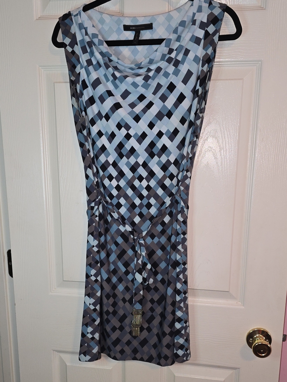 BCBGMaxAzria Light Blue and Gray Geometric Cowl-Neck Mini Dress‎